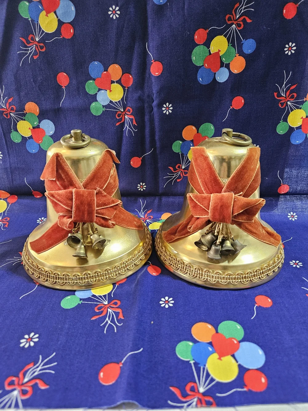 Brass Decorative Holiday Bells with Red Velvet Bows